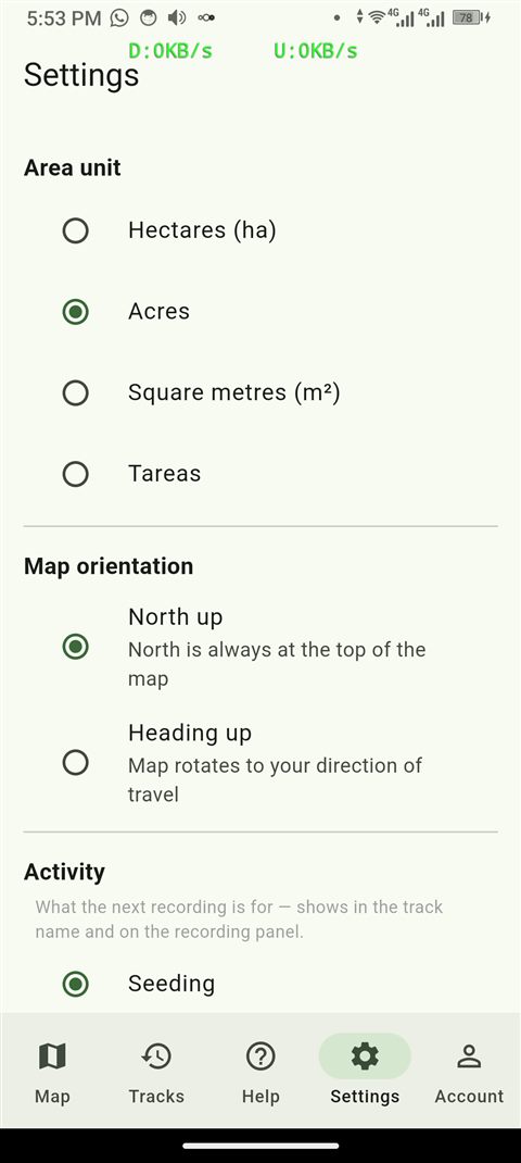 App settings screen